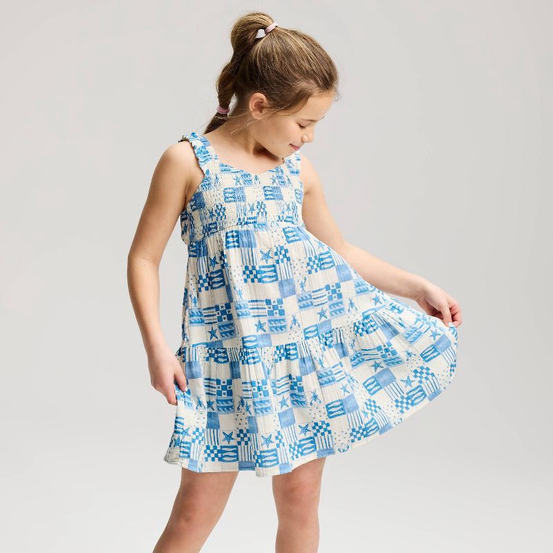 slide 1 of 3, Girls' Coastal Patchwork Printed Smocked A-Line Dress - Cat & Jack™ Blue XS, 1 ct