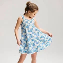 Girls' Coastal Patchwork Printed Smocked A-Line Dress - Cat & Jack™ Blue L