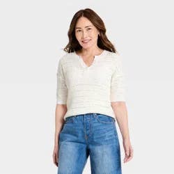 Women's Short Sleeve Button-Up Crewneck Pullover Sweater - Universal Thread™ Cream L