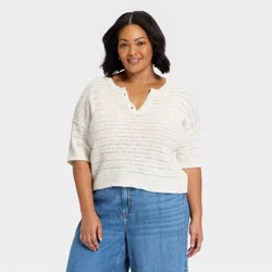 Women's Short Sleeve Button-Up Crewneck Pullover Sweater - Universal Thread™ Cream XXL