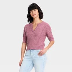 Women's Short Sleeve Button-Up Crewneck Pullover Sweater - Universal Thread™ Mauve XL