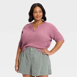 Women's Short Sleeve Button-Up Crewneck Pullover Sweater - Universal Thread™ Mauve XXL
