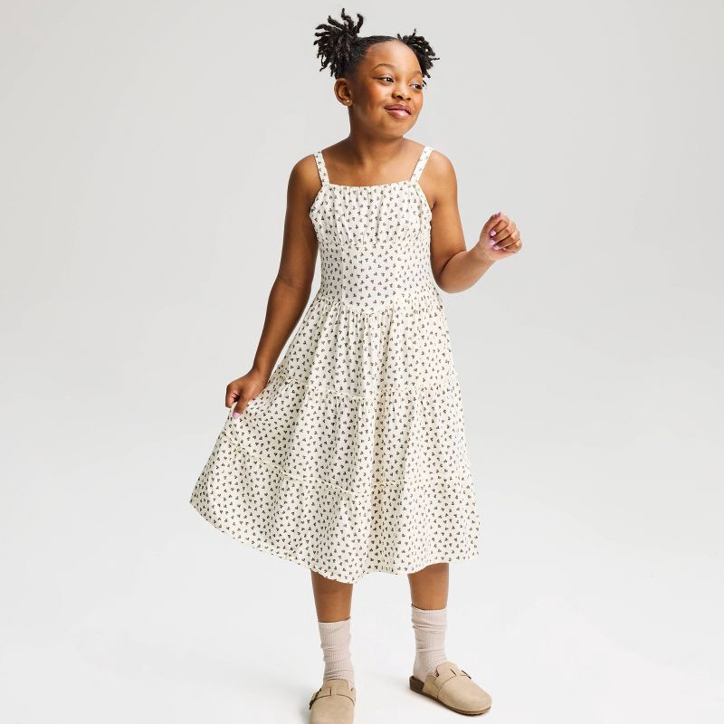 slide 1 of 3, Girls' Floral Midi A-Line Dress - Cat & Jack™ Cream M, 1 ct