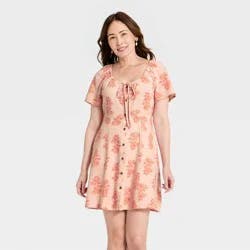 Women's Short Sleeve Button-Front Mini Sundress - Universal Thread™ Peach Floral XS