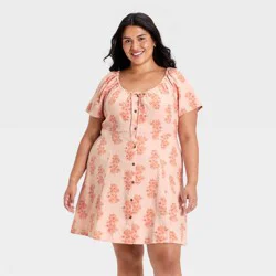 Women's Short Sleeve Button-Front Mini Sundress - Universal Thread™ Peach Floral XXL