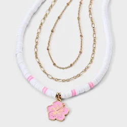 Girls' 3pk Layered Necklace Set with Hibiscus Charm - Cat & Jack™ Gold/Pink
