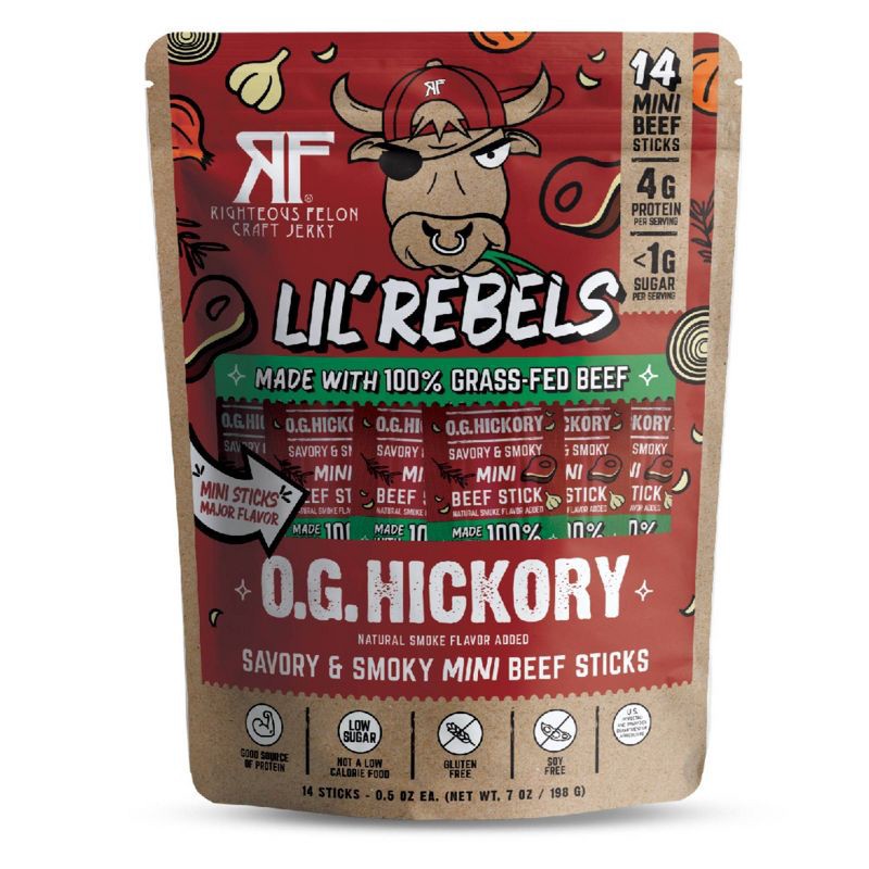 slide 1 of 9, Righteous Felon Craft Jerky Lil Rebels OG Hickory Mini Beef High-Protein Snack Meat Sticks - 7oz/14ct, 7 oz, 14 ct
