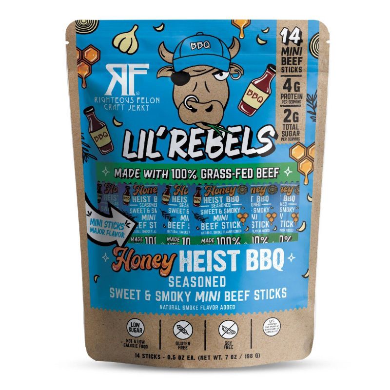slide 1 of 9, Righteous Felon Craft Jerky Honey Heist BBQ Mini High-Protein Snack Meat Sticks Beef - 7oz/14ct, 7 oz, 14 ct