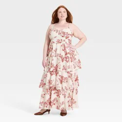 Women's V-Neck Tiered Ruffle Maxi Dress - A New Day™ Cream/Brown Floral XXL