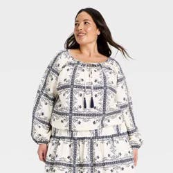 Women's Balloon Sleeve Tie-Front Top - A New Day™ Cream XXL