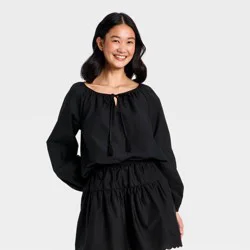 Women's Balloon Sleeve Tie-Front Top - A New Day™ Black L