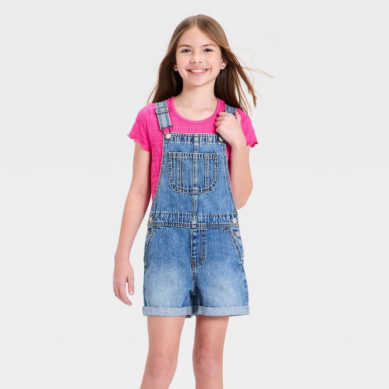 slide 1 of 3, Girls' Denim Shortalls - Cat & Jack™ Medium Wash XL, 1 ct