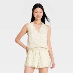 Women's Printed Lace Trim V-Neck Tank Top - A New Day™ Yellow Floral L