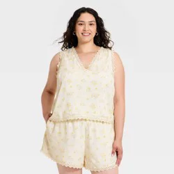 Women's Printed Lace Trim V-Neck Tank Top - A New Day™ Yellow Floral XXL