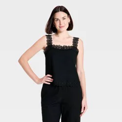 Women's Lace Trim Tank Top - A New Day™ Black M