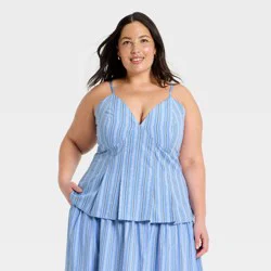 Women's V-Neck Poplin Cami Top - A New Day™ Blue Striped XXL