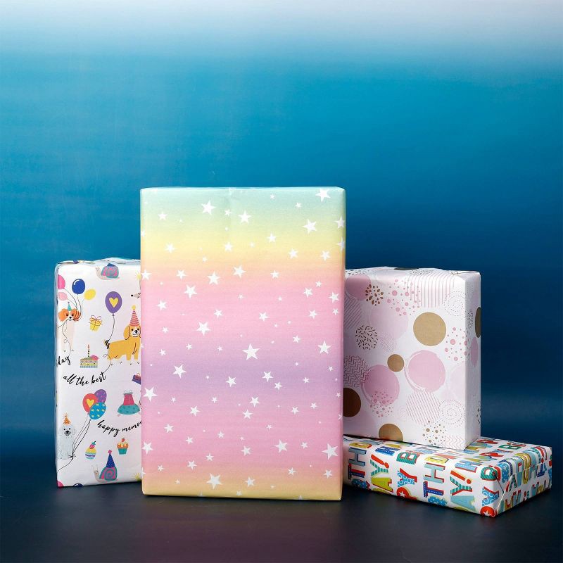 slide 2 of 3, Bows And Sparkles 96"x30" Tie Dye Stars Birthday Gift Wrapping Paper Pink/Yellow/Green, 1 ct