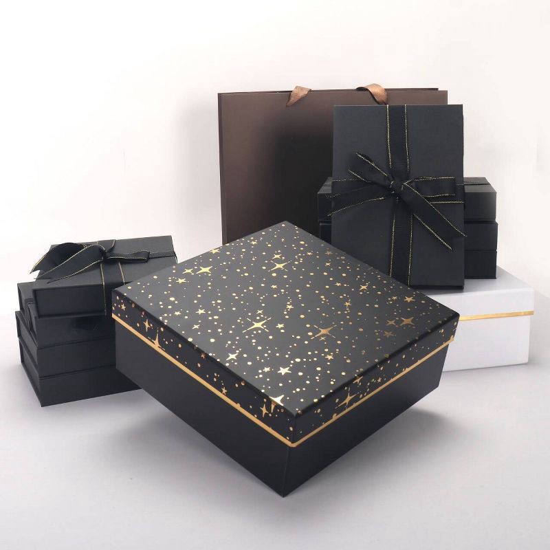 slide 2 of 4, Bows And Sparkles 10"x10"x4" Foil Print Gift Box Black/Gold, 1 ct