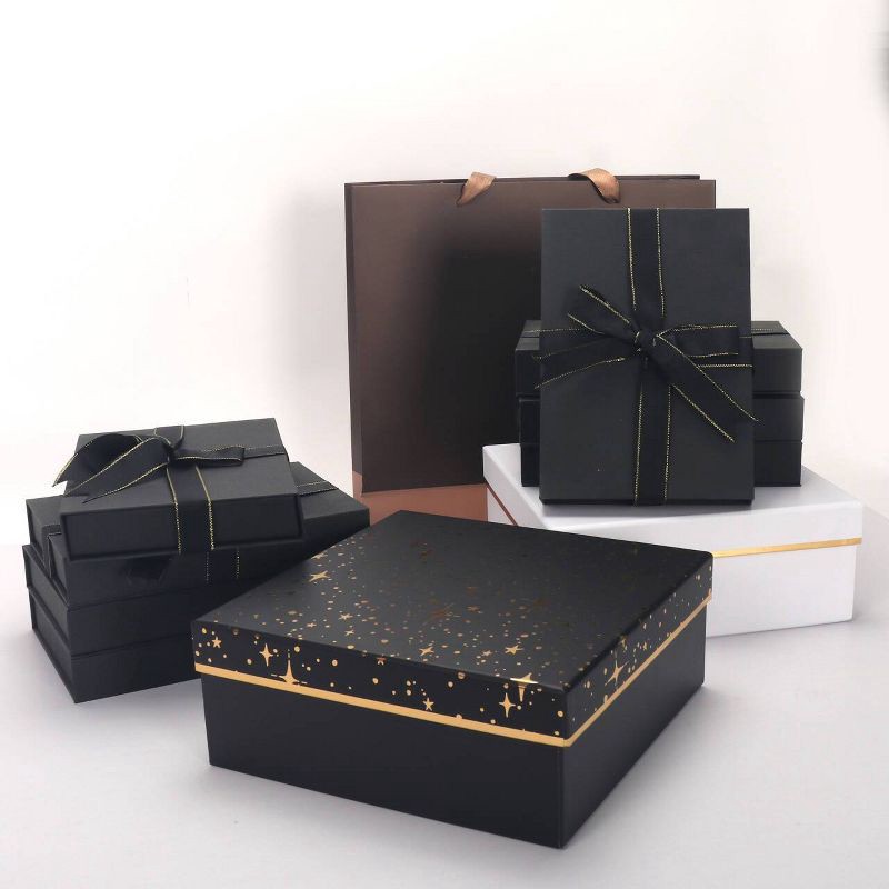 slide 3 of 4, Bows And Sparkles 10"x10"x4" Foil Print Gift Box Black/Gold, 1 ct