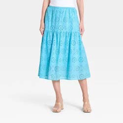 Women's Tiered Eyelet Midi Skirt - A New Day™ Blue S