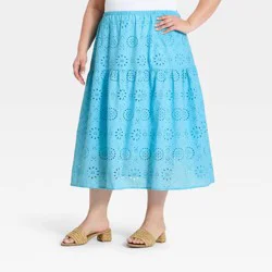 Women's Tiered Eyelet Midi Skirt - A New Day™ Blue XXL
