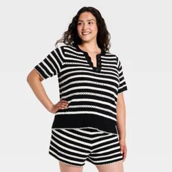 Women's Openwork Pullover Sweater - Ava & Viv™ Black Striped 3X