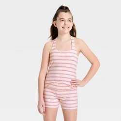 Girls' Super-Soft Striped Halter Tank Top - art class™ Pink/White/Brown L