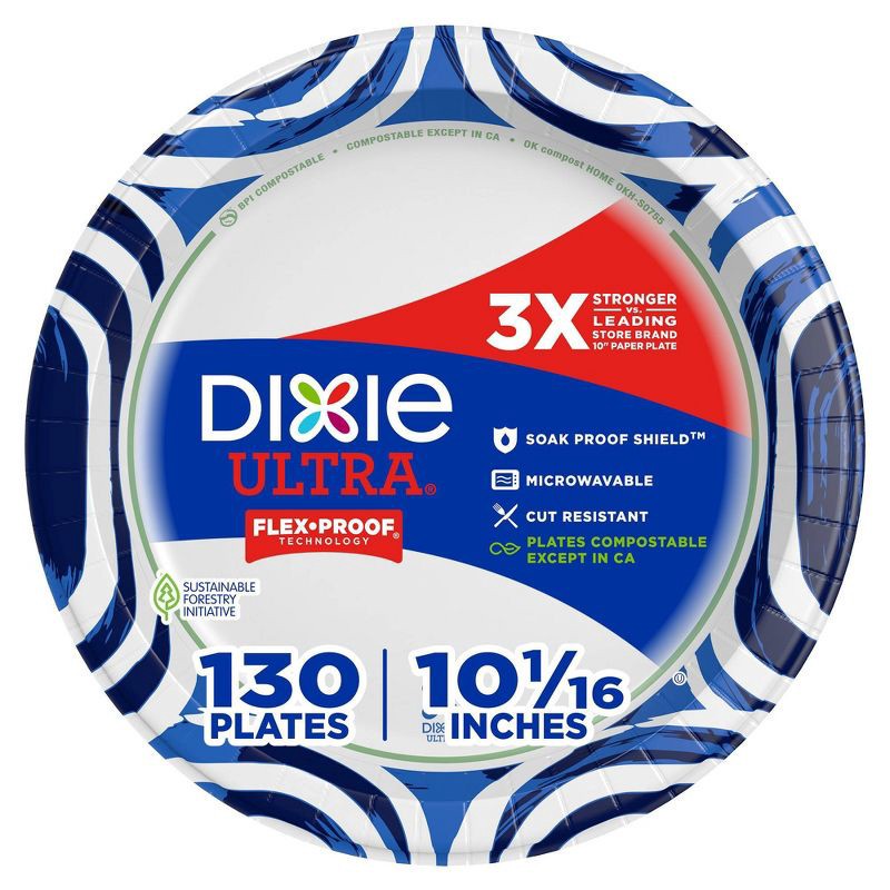 slide 1 of 7, Dixie Ultra Disposable Paper Plates 10" - 130ct: White, Abstract Pattern, Round Shape, 130 ct