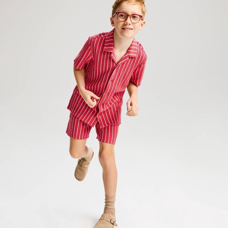 slide 1 of 3, Boys' Short Sleeve Crochet Striped Button-Down Shirt - Cat & Jack™ Red S, 1 ct