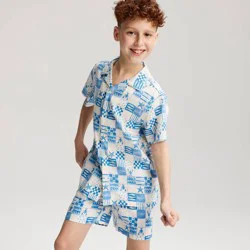Boys' Patchwork Printed Linen Blend Pull-On Shorts - Cat & Jack™ Blue L