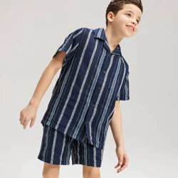 Boys' Short Sleeve Striped Linen Blend Button-Up Shirt - Cat & Jack™ Blue XL