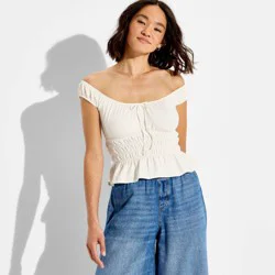 Women's Mini Cap Sleeve Off the Shoulder Smocked Peasant Top - Wild Fable™ Cream M
