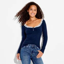 Women's Long Sleeve Lace Henley Shirt - Wild Fable™ Navy Blue XS
