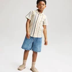 Boys' Short Sleeve Crochet Striped Button-Down Shirt - Cat & Jack™ Cream XS