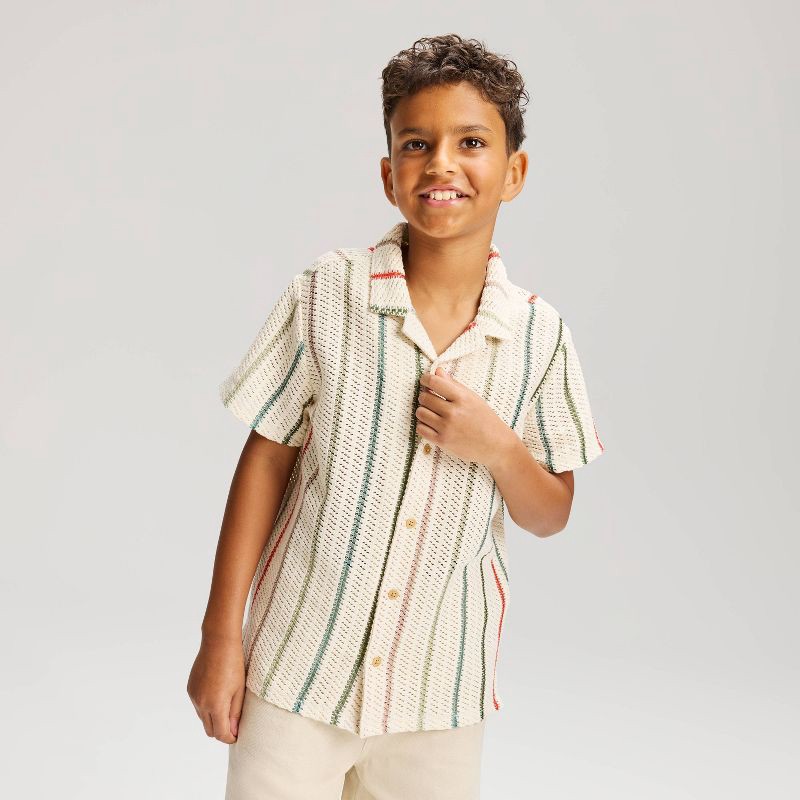 slide 1 of 3, Boys' Short Sleeve Crochet Striped Button-Down Shirt - Cat & Jack™ Off-White S, 1 ct