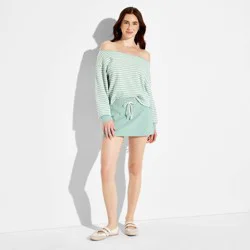 Women's Off the Shoulder Pullover Sweatshirt - Wild Fable™ Aqua Green Striped M