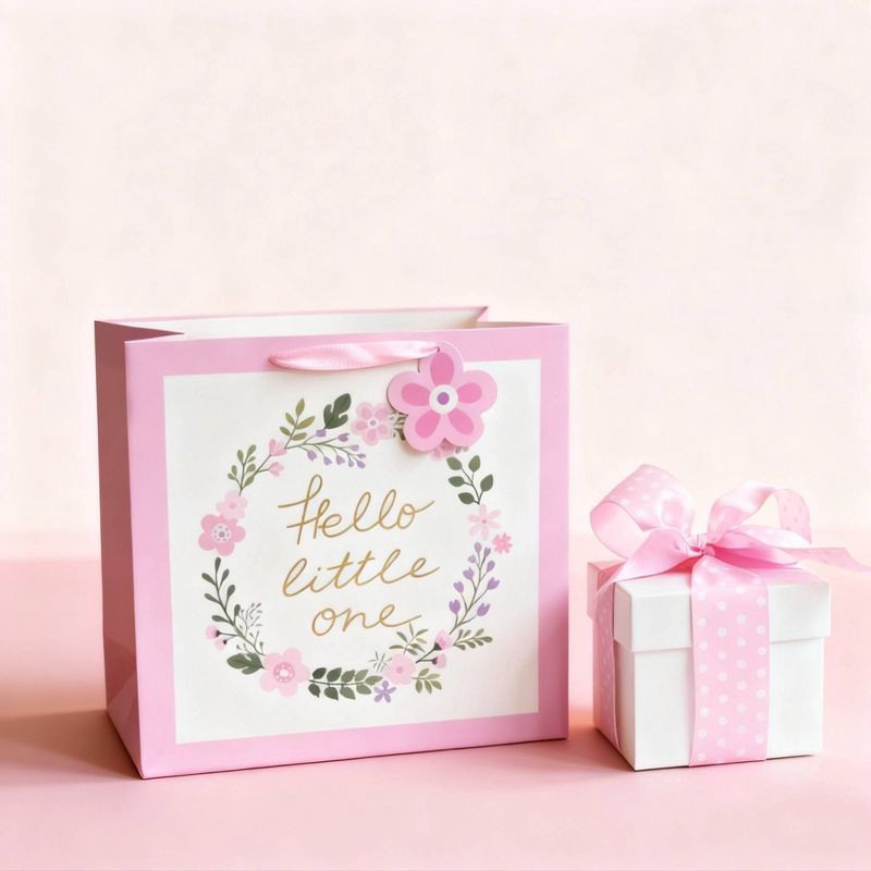 slide 2 of 3, Bows and Sparkles Large Foil Print 'Hello Little One' Floral Baby Shower Gift Bag Pink/White/Gold, 1 ct