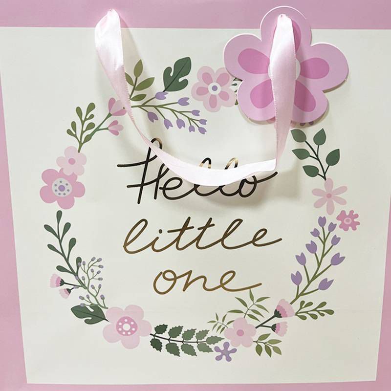 slide 3 of 3, Bows and Sparkles Large Foil Print 'Hello Little One' Floral Baby Shower Gift Bag Pink/White/Gold, 1 ct