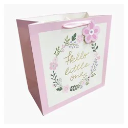 Bows and Sparkles Large Foil Print 'Hello Little One' Floral Baby Shower Gift Bag Pink/White/Gold