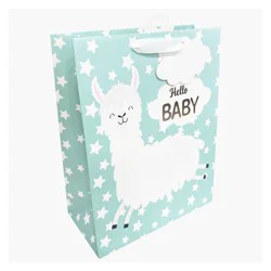 Bows And Sparkles Medium 'Hello Baby' Llama Baby Shower Gift Bag with Tag Mint