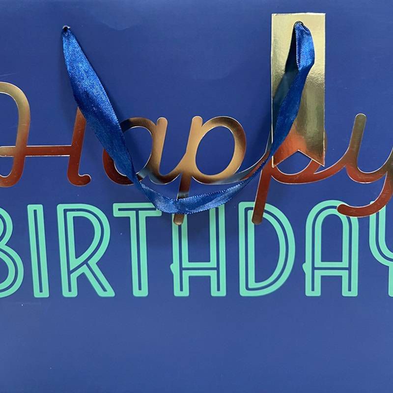 slide 3 of 3, Bows And Sparkles Large Foil Print 'Happy Birthday' Gift Bag with Tag Navy, 1 ct