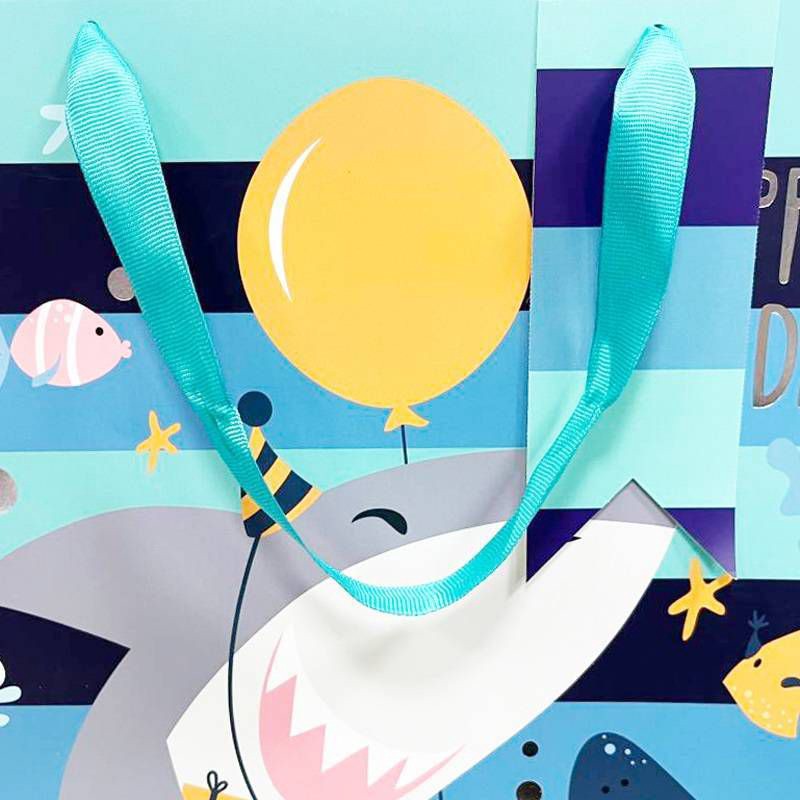 slide 3 of 3, Bows And Sparkles Large Square Striped Shark Birthday Gift Bag with Tag Navy/Blue, 1 ct