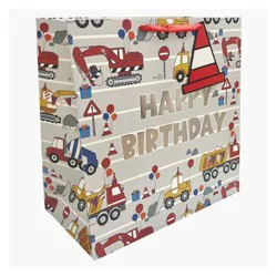 Bows And Sparkles Large Square Foil Print 'Happy Birthday' Vehicles Gift Bag with Tag White