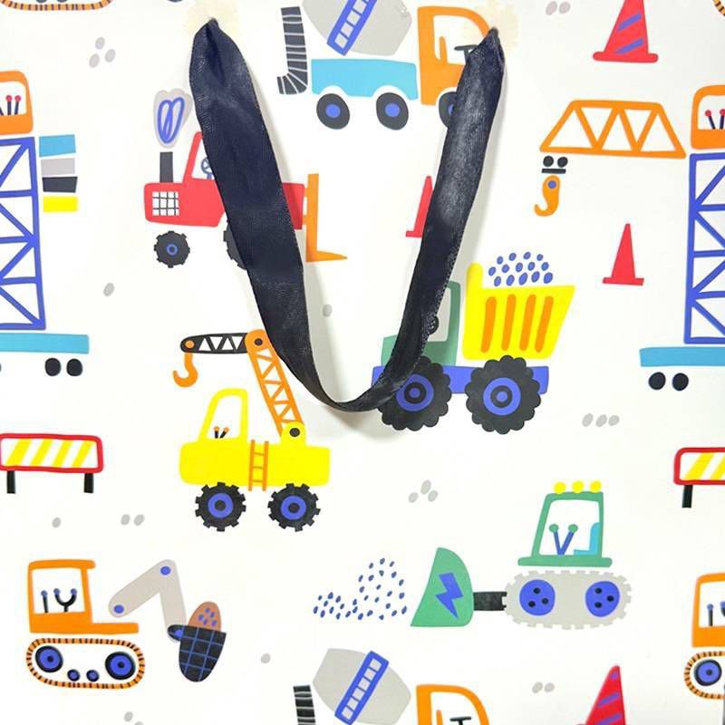 slide 2 of 2, Bows And Sparkles Medium Construction Vehicles Birthday Gift Bag with Tag White, 1 ct