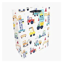 Bows And Sparkles Medium Construction Vehicles Birthday Gift Bag with Tag White