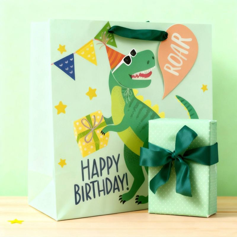 slide 2 of 3, Bows and Sparkles Large Square Dinosaur Birthday Gift Bag with Tag Green, 1 ct