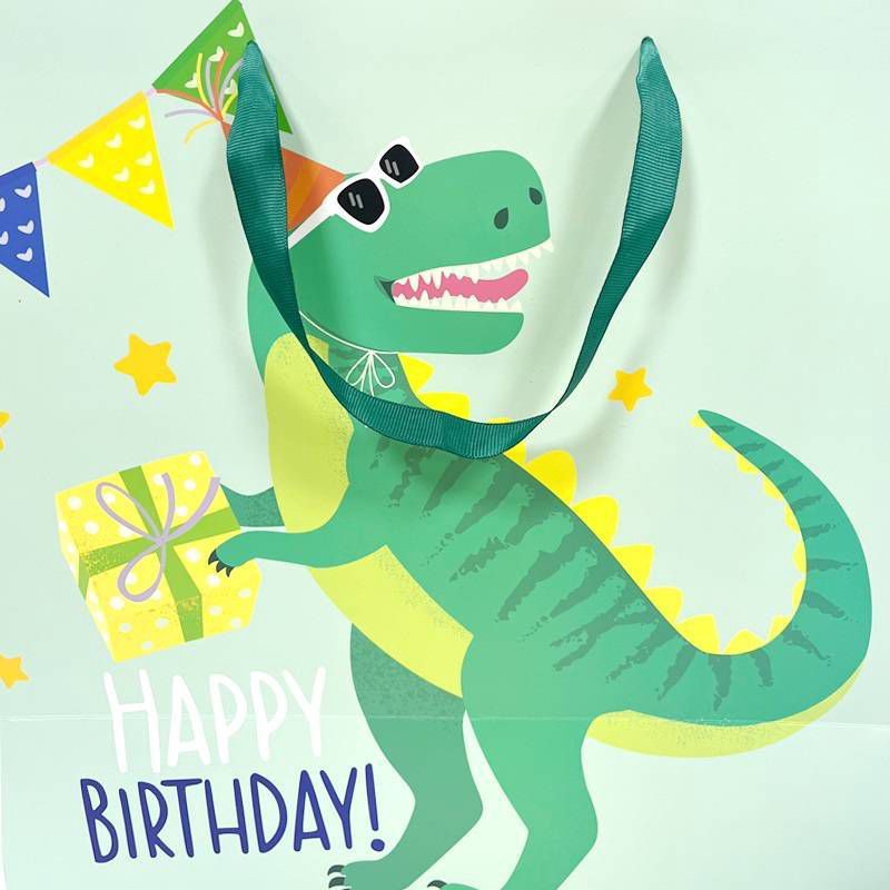 slide 3 of 3, Bows and Sparkles Large Square Dinosaur Birthday Gift Bag with Tag Green, 1 ct