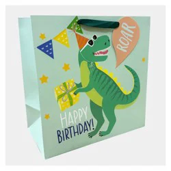 Bows and Sparkles Large Square Dinosaur Birthday Gift Bag with Tag Green