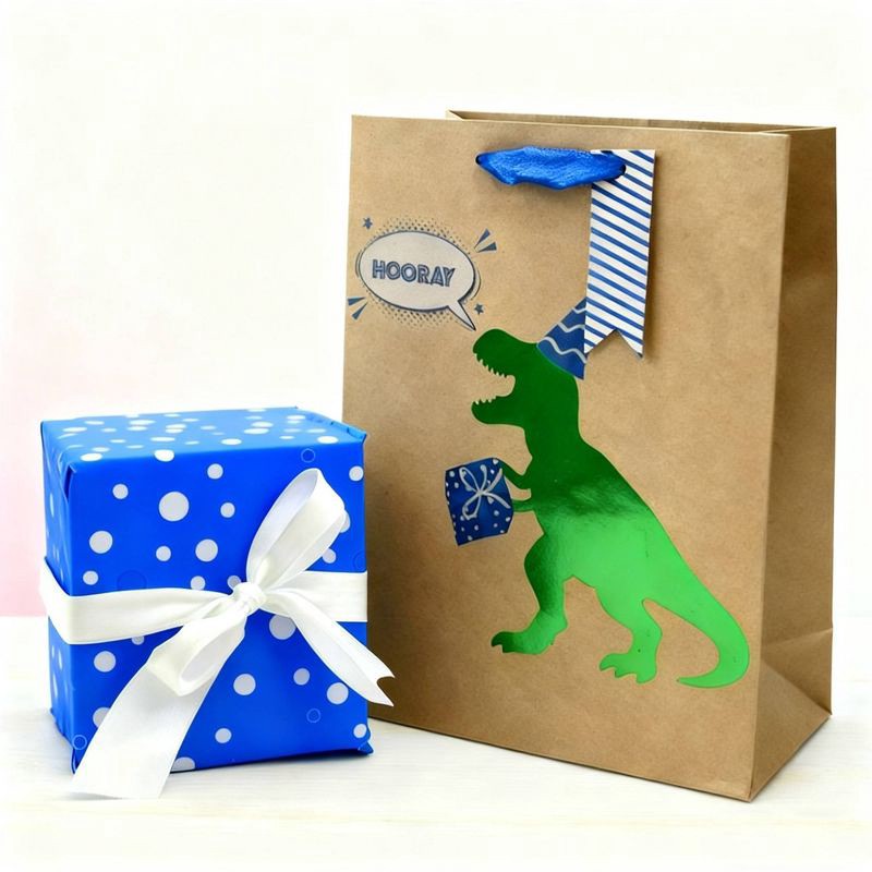 slide 2 of 3, Bows And Sparkles Medium 'Hooray' Foil Print Dinosaur Birthday Gift Bag with Tag Kraft Natural, 1 ct