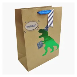 Bows And Sparkles Medium 'Hooray' Foil Print Dinosaur Birthday Gift Bag with Tag Kraft Natural